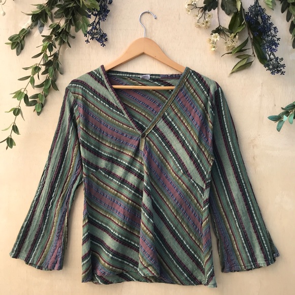 Vintage Tops - Indian Vneck Striped Textured Long Sleeve Top